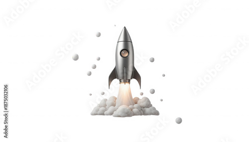 Detailed view of a classic silver retro rocket blasting off with thick white smoke plumes and small floating elements on transparent background