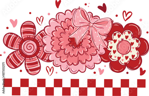 Cute Valentine's Day Floral Border with Pink Bow and Checkered Pattern