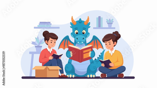 A friendly blue dragon and two kids sit together on the floor, engrossed in reading books together