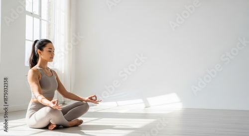 Serene Young Woman Meditating Peacefully in a Bright, Minimalist Room.