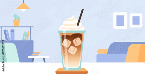 A flat illustration of an iced coffee with cream in a cozy, minimalist living room interior