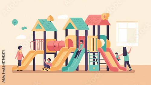 A flat illustration of children and adults playing on a colorful playground structure with slides