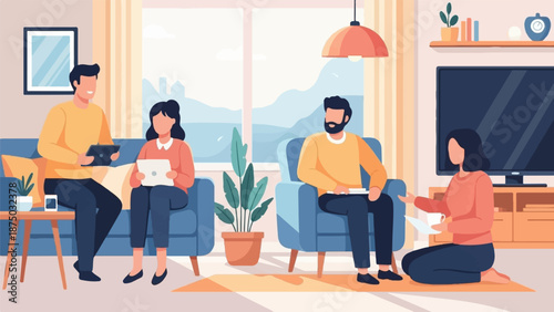 A flat illustration of four people in a modern living room, meeting and using digital tablets