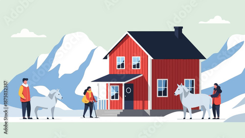 A flat illustration of people with white horses at a red cabin in a snowy mountain landscape
