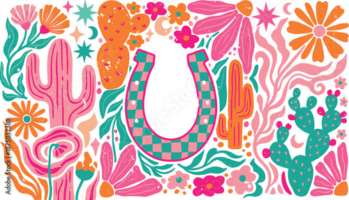 Colorful Western Boho Illustration with Checkered Horseshoe, Cacti, and Flowers