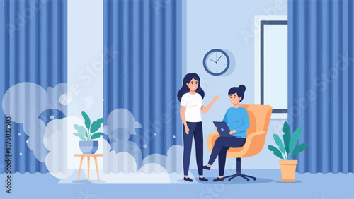 A flat illustration of two women collaborating in a modern office space with large blue curtains