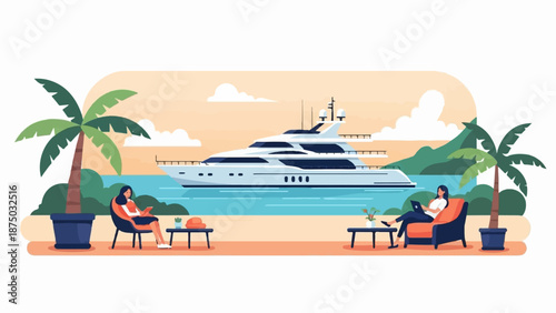 A flat illustration of two women relaxing on a tropical beach, with a luxury yacht in the background