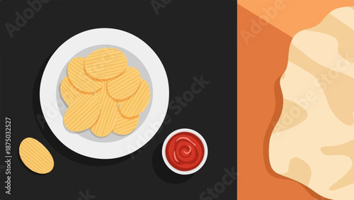 A flat lay illustration of ridged potato chips on a plate with a small bowl of ketchup