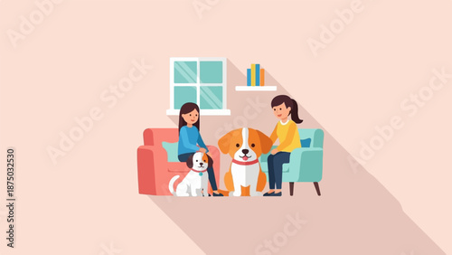 A flat illustration of two women sitting with their two friendly dogs in a minimalist living room
