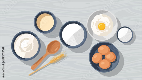 A flat lay illustration of baking ingredients like eggs, flour, and sugar on a wooden surface