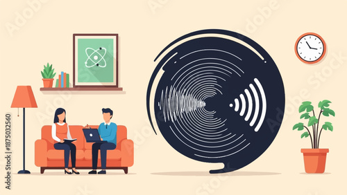 A flat vector illustration of a couple on a sofa with a large, abstract soundwave graphic nearby