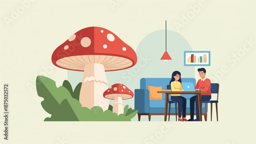 A flat vector illustration of a couple working on a laptop in a surreal room with giant mushrooms