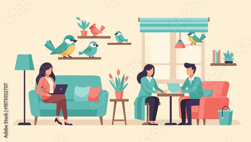 A flat vector illustration of people working and meeting in a cozy, modern living room with cute birds