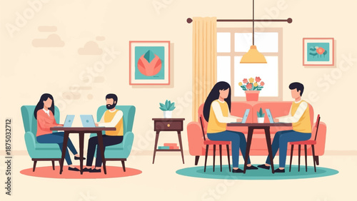 A flat vector illustration of people working remotely on laptops in a cozy, shared workspace setting