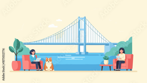 A flat vector illustration of two women working remotely by a river with a dog and a large bridge