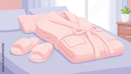 A folded pink bathrobe and slippers on a bed in a pastel-colored room, evoking a calm atmosphere