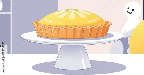 A freshly baked lemon pie on a white stand, admired by a cute, smiling cartoon character