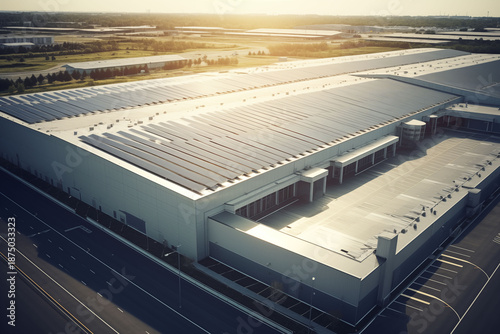 A large, modern warehouse building that uses solar energy, photographed from an aerial view.