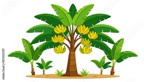 A cartoon illustration of a banana tree with yellow bananas and green leaves on a sandy ground