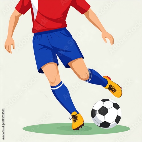 A cartoon soccer player kicking a soccer ball on a green patch