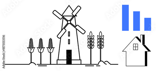 Agriculture, sustainability, data visualization, eco-friendly energy, rural development, farming industry. Windmill, corn wheat stalks house blue bar graphs. Agriculture and sustainability concept