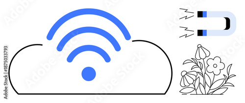Cloud storage, wireless technology, connectivity, digital data exchange, magnetism, nature interaction. A cloud with a wireless signal, magnet and flowers. Cloud computing and wireless technology