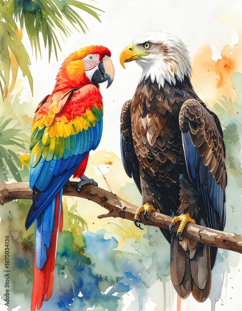 Fototapeta premium A vibrant watercolor illustration showcasing a parrot and an eagle perched on a branch amidst lush greenery. symbolizing Diplomatic Dialogue Metaphor.