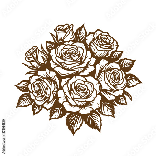 Vintage beautiful bouquet of roses with leaves on white background  lovely floral arrangement