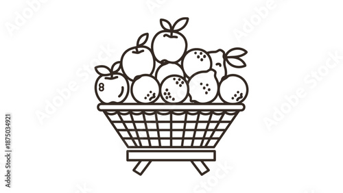 A simple line drawing of a basket filled with apples