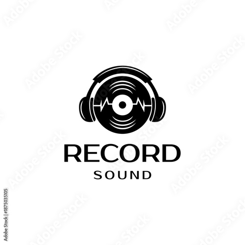 Headphone DJ with Vinyl Disc and Sound wave for Music Studio Recording logo design