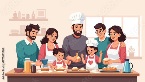 A happy extended family with children baking together in a bright, modern kitchen illustration