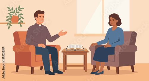 Pastor Counseling Church Member

A flat vector illustration of a pastor sitting and talking with a church member, offering guidance and support. Chairs, Bible, and plant visible. 