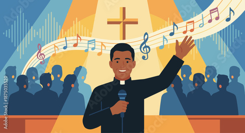 Pastor Leading Worship

A flat vector illustration of a pastor leading worship with one hand raised. Musical notes or choir silhouettes in the background. 