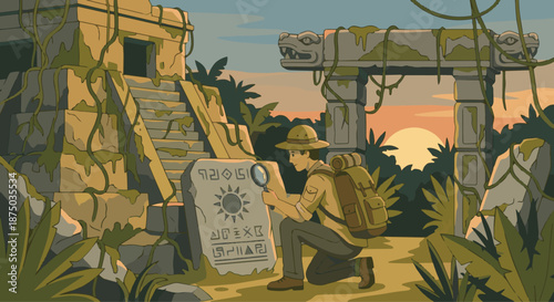  Explorer Discovering Ancient Ruins
A flat vector illustration of an explorer discovering ancient ruins or a temple. Stone structures and symbols visible. Flat vector style, storytelling and discovery