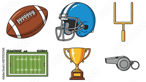 American Football Icon Set, Helmet, Ball, Trophy, Field, and Whistle Vector Illustration for Super Bowl Sport Event