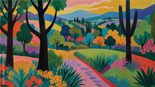 landscape with trees and flowers. flowers landscape. trees landscape. landscape painting. vibrant abstract landscape painting. landscape illustration. vilage landscape