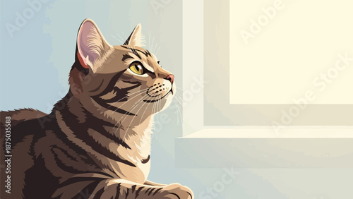 A hopeful tabby cat with bright yellow eyes gazes upward by a sunlit window in a vector style