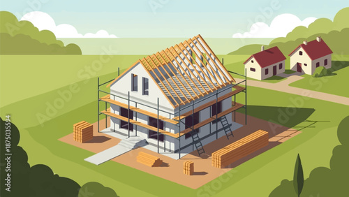 A house being built with exposed roof trusses and scaffolding, set in a sunny, green countryside