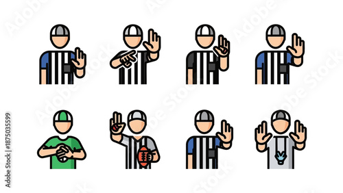 American Football Referee Icon Set. Vector illustration of sports official avatars with hand signals, striped shirt, whistle, and ball. Flat cartoon character design collection.