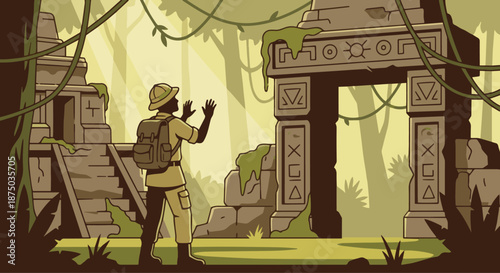  Explorer Discovering Ancient Ruins
A flat vector illustration of an explorer discovering ancient ruins or a temple. Stone structures and symbols visible. Flat vector style, storytelling and discovery