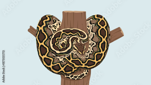 A large snake with a complex brown and yellow pattern coiled around a wooden tree post