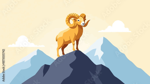 A majestic golden ram stands on a mountain summit against a pale sky with clouds and blue peaks