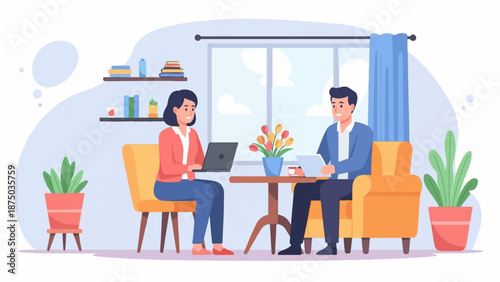 A man and a woman in a casual meeting, working on laptops in a cozy, sunlit living room