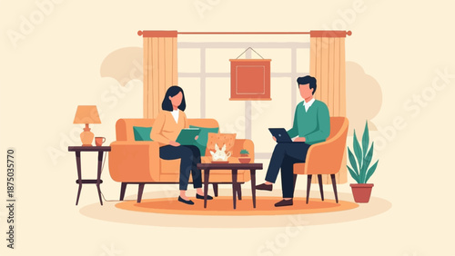 A man and a woman in a professional consultation or therapy session in a cozy living room setting