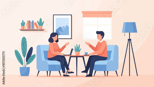 A man and a woman in a cozy living room having a discussion over a coffee table with a laptop