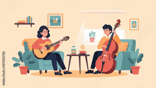 A man and a woman play a cello and a guitar in a cozy living room setting with coffee