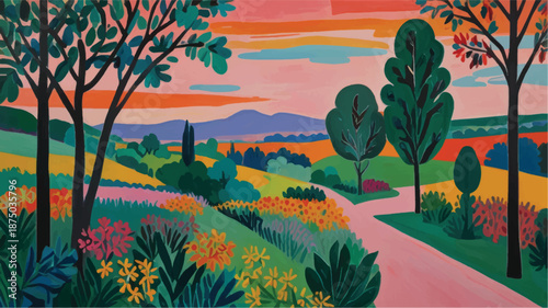 landscape with trees and flowers. flowers landscape. trees landscape. landscape painting. vibrant abstract landscape painting. landscape illustration. vilage landscape
