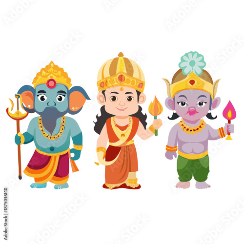 Indian Gods Set, Agni, Ganesha, Indra Idols Cartoon Vector Illustration
