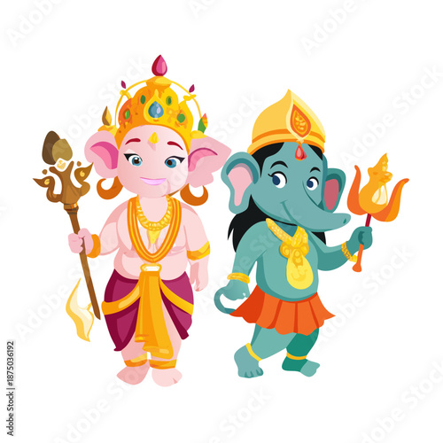Indian Gods Set, Agni, Ganesha, Indra Idols Cartoon Vector Illustration