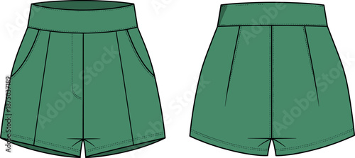 Green High Waisted Shorts Technical Drawing Fashion Flat Sketch Front and Back View Vector Illustration Template